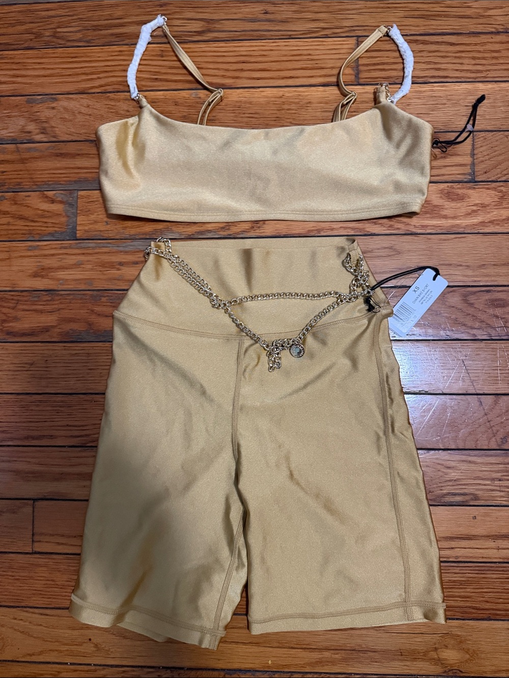 WeWoreWhat Metallic Gold High-Waist Biker Shorts with Chain Accent